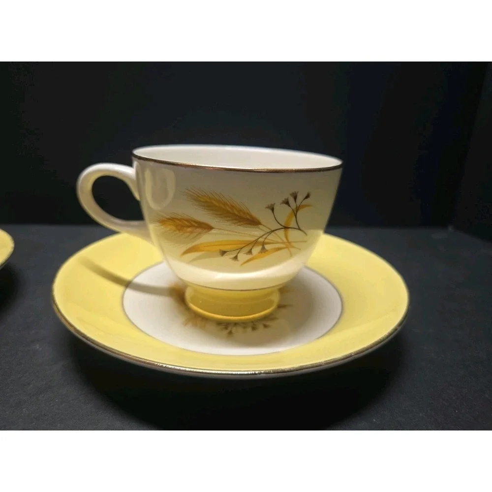 Century Service Autumn Gold Teacup & Saucer Sets of 2 Wheat 22K Gold Vintage MCM